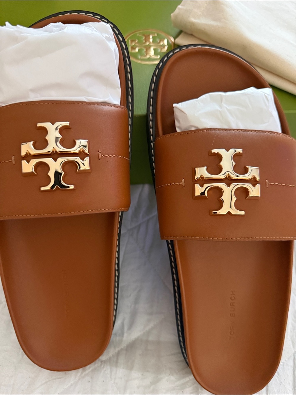 Tory Burch Brown Leather Slide Sandals with Gold Logo - Picture 2 of 10